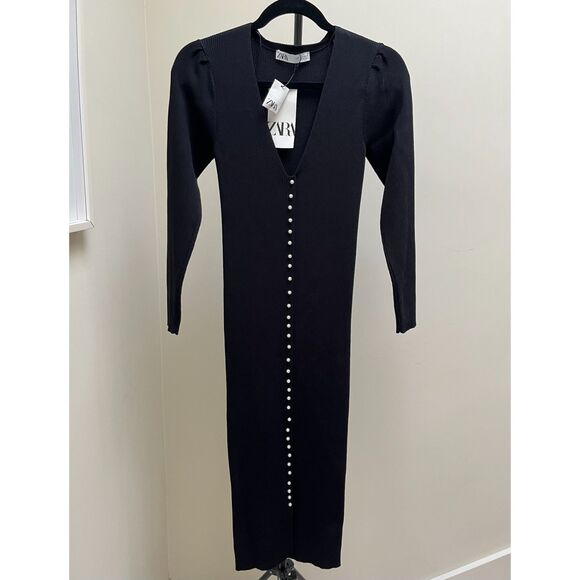 Zara Ribbed Midi Sweater Dress NWT Medium - Pearl buttons NEW w Tags - Picture 3 of 5